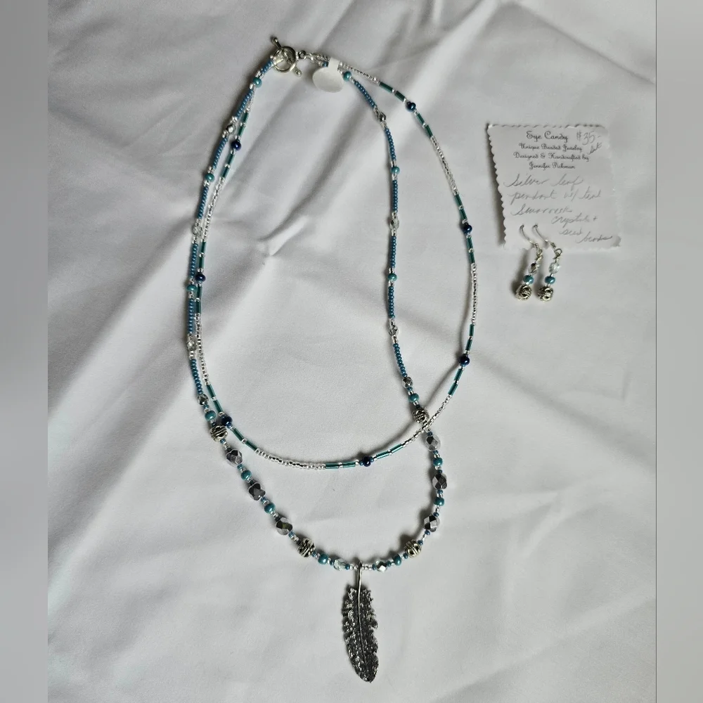 Blue and Silver Feather Pendant Necklace And Earrings, Hand crafted, New